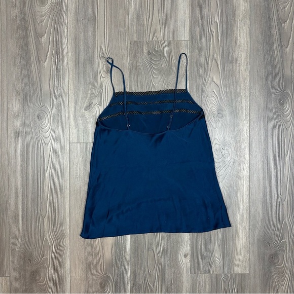 Josie Natori Navy 100% Silk Cami Top Black Lace Trim Adjustable Straps Size S - Picture 4 of 6